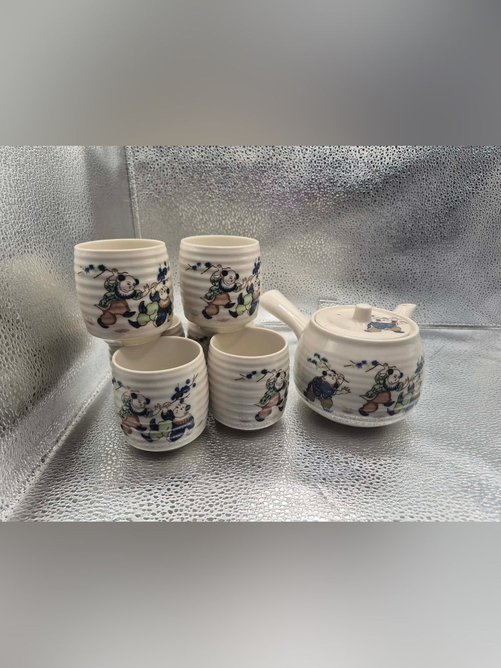 Vintage Japanese Ceramic Kyusu Teapot with Sake Cups Karako Playing Kids Motif